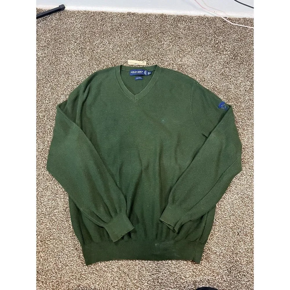 Polo Ralph Lauren Mens Large Green V‎ Neck Merino Wool Pony Sweater